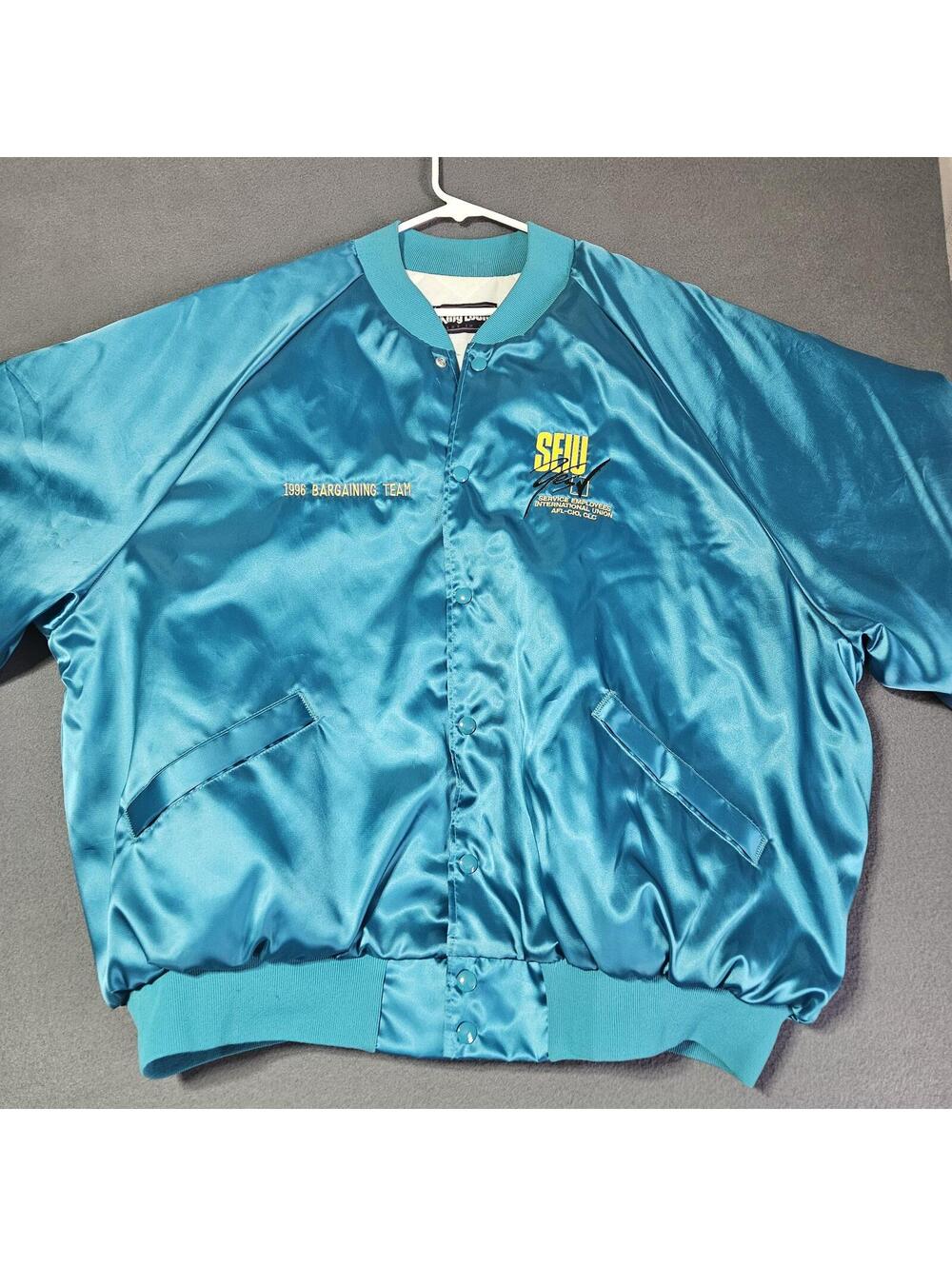 King Louie 3XL Teal Blue Satin SEIU Bomber Jacket Union 1996 Bargaining Team